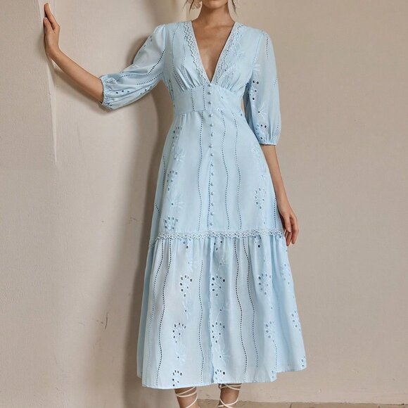 Baby Blue Elegant Women's V-Neck Slit Lace Embroidery Vacation Long Dress - Picture 5 of 7